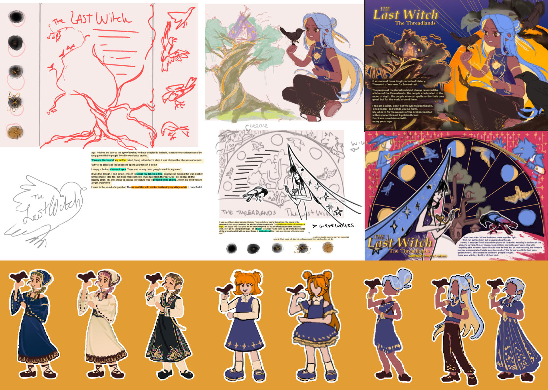 Development for "Time to Write" concept page - including composition thumbnails, scene analyisis, colour roughs and character designs.